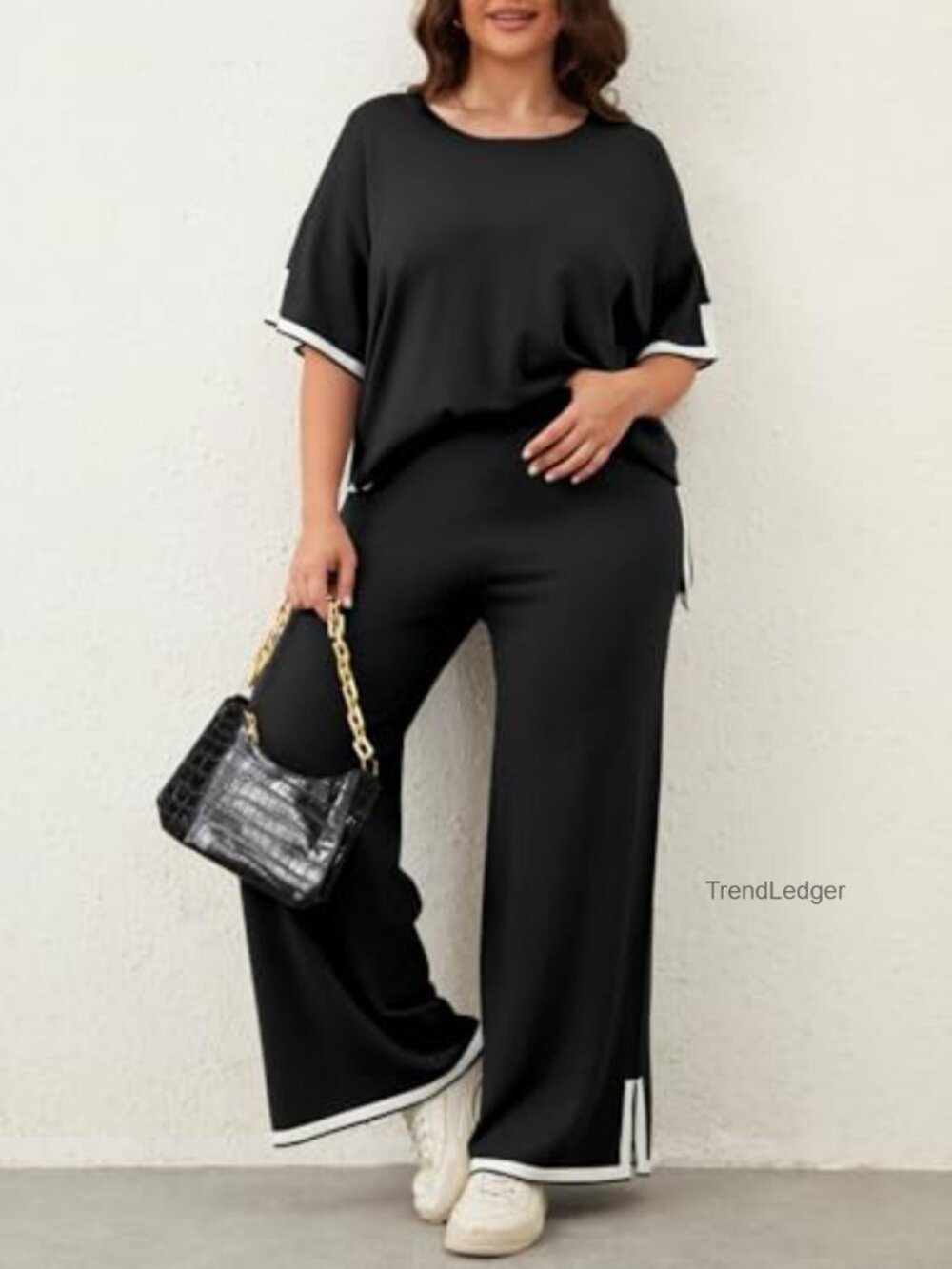 Plus Size 2 Piece Lounge Set Short Sleeve Wide Leg Pants Travel Outfits - Picture 2 of 7